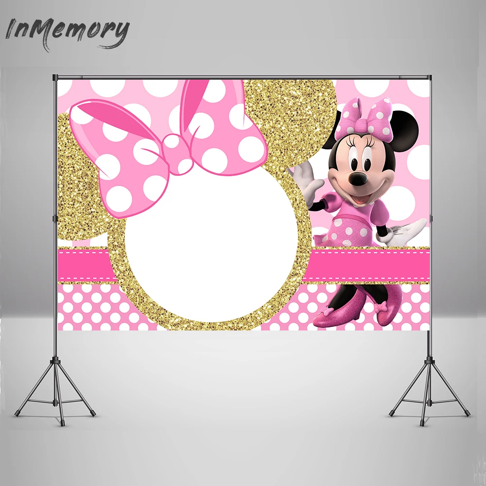 Photography Background Customize Minni Mouse Party Decoration for Kids Pink Bow Birthday Backdrop for Photo Studio Wallpaper