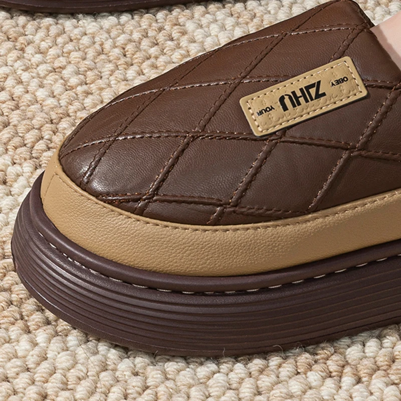 Herren-Plattform-Baumwoll-Hausschuhe aus PU-Leder, wasserdicht, rutschfest, Plüsch-Hausschuhe für Herren, bequem, weich, dicke Sohle, warme Slides – Detail 4