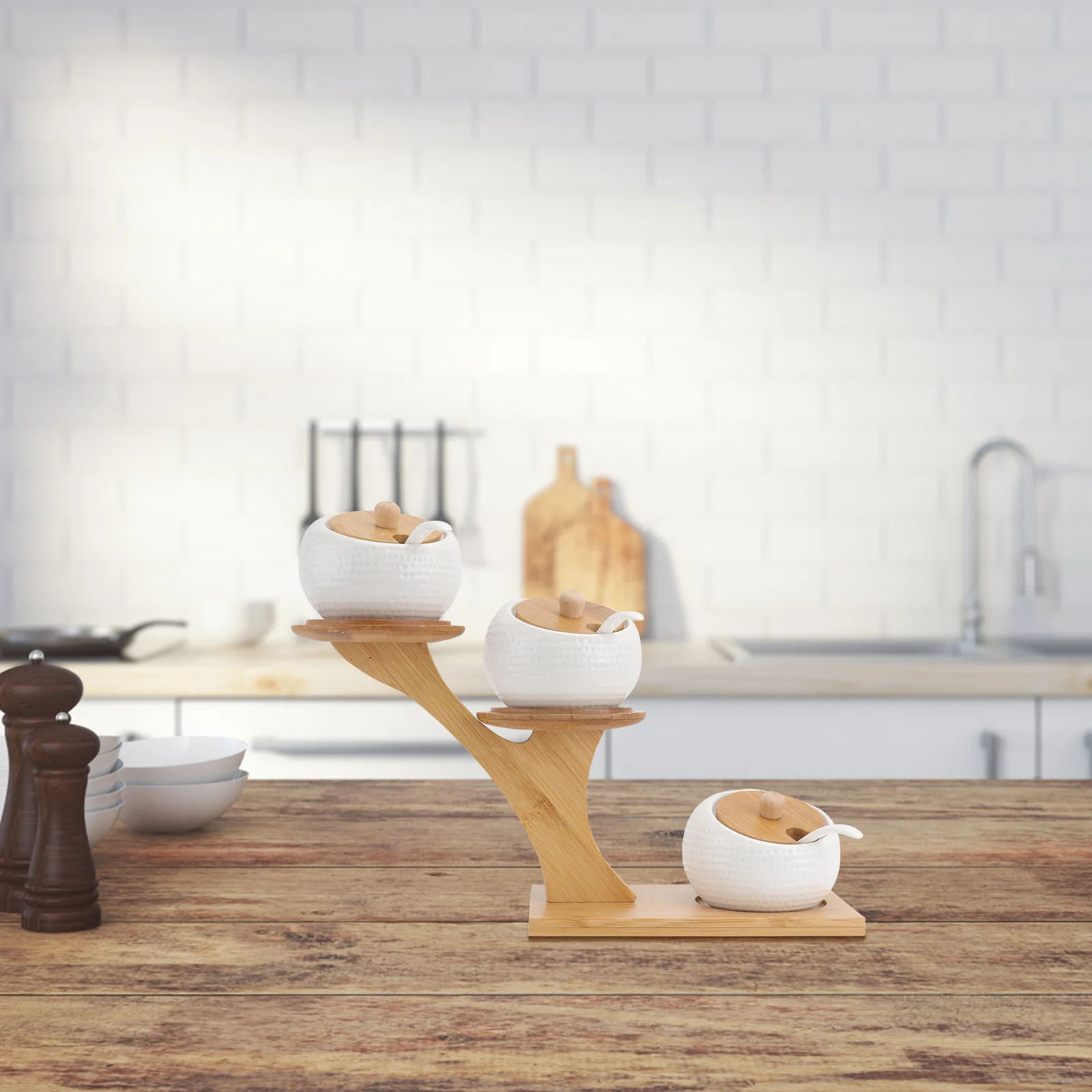 

1Set Ceramic Spice Jars Set Wooden Lid Base Spoon Sealed Kitchen Seasoning Container Condiment Pots Easy to Use