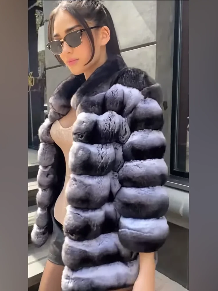 Natural Chinchilla Fur Coat Women Fashion Luxury Loose Stand Collatr Outertwear Strip Sewed Rex Rabbit Real Fur Jacket Female