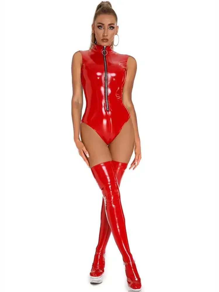 ملابس سباحة PVC بدون أكمام ذات مظهر رطب لامعة من جلد البولي يوريثان وسحّاب ملابس ضيقة كوسبلاي Sukumizu بيكيني ملابس علوية مثيرة للنوادي الدمى
