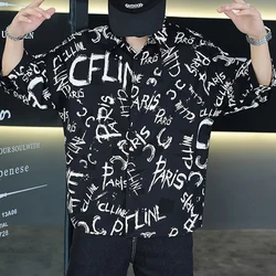 Men Korean Fashion Letter Print Oversized Handsome Short Sleeve Shirts Summer Casual Streetwear Y2K Lapel Tops Camisas De Hombre
