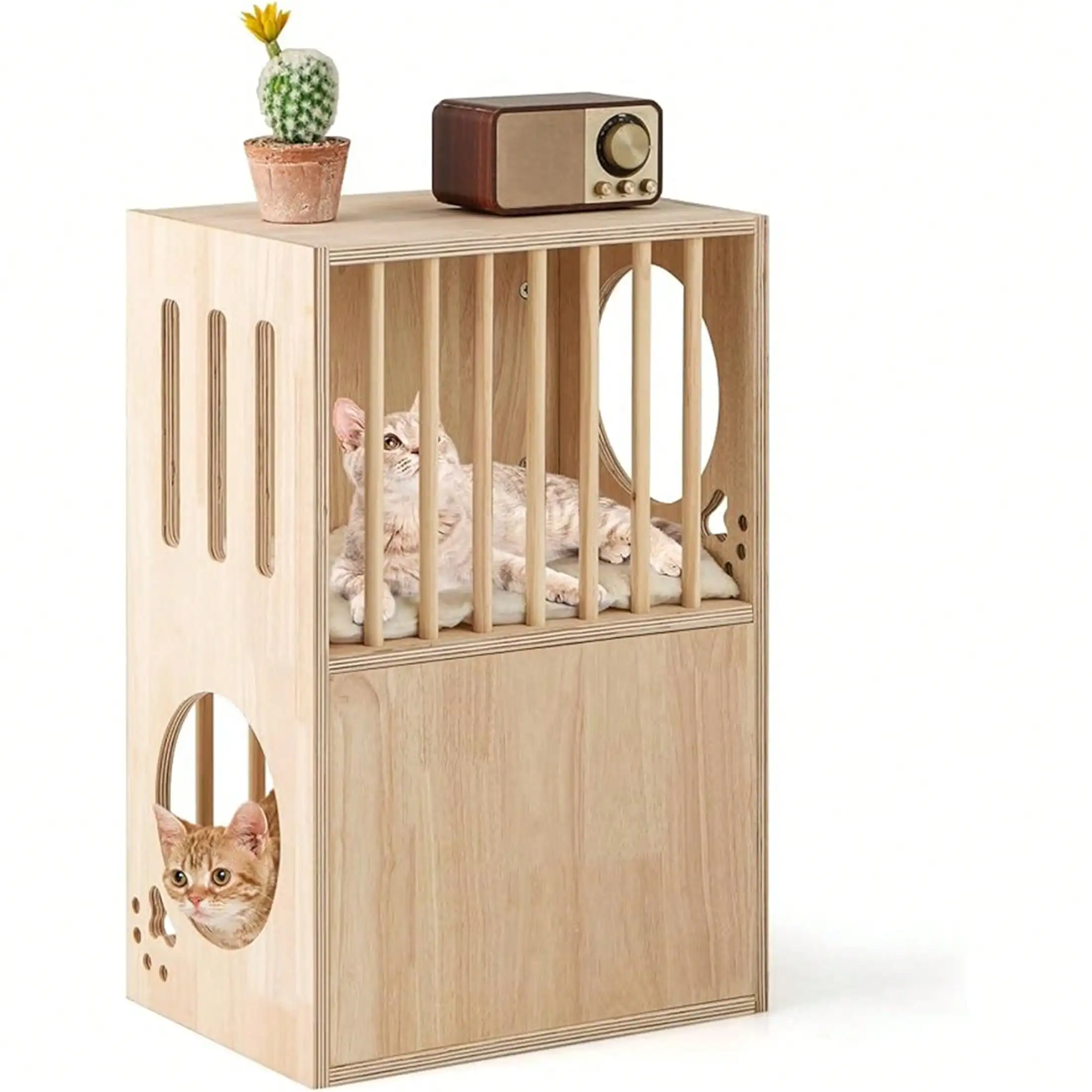 

2-Storey Wood Cat House For Indoor Cats, Natural Wooden Double Decker Cat Condo With Removable And Washable Soft Cushions, Air V