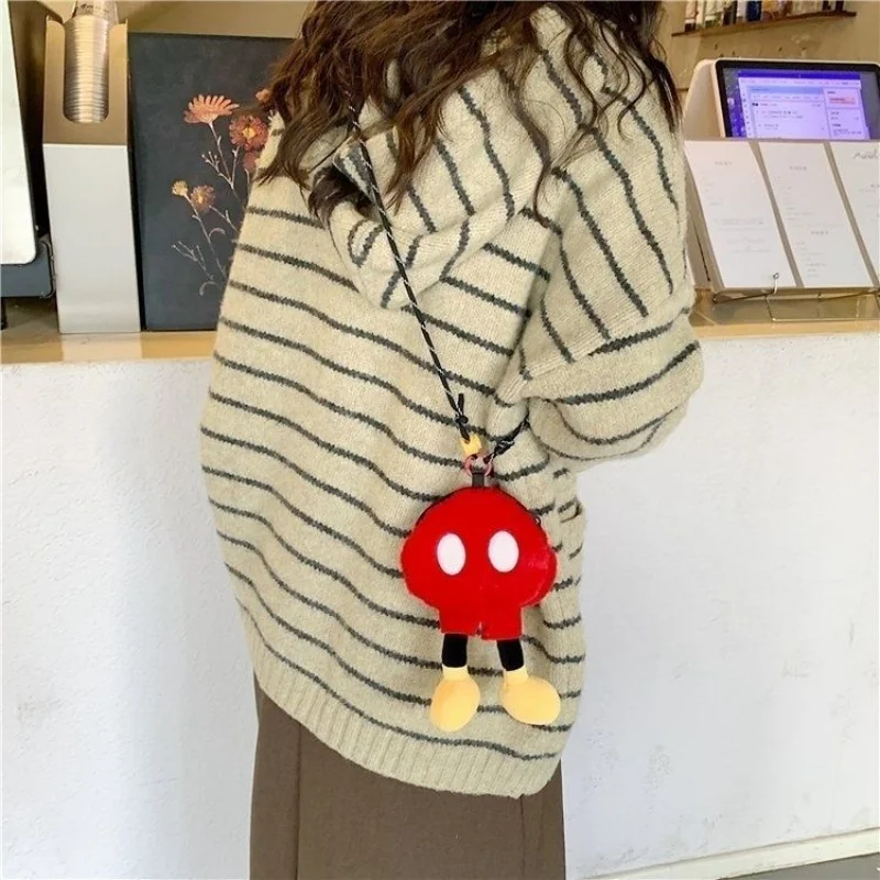Disney Mickey Mouse Soft Plush Head and Body Styling Zipper Coin Purse Crossbody Bag Headphone Bus Card Storage Birthday Gift