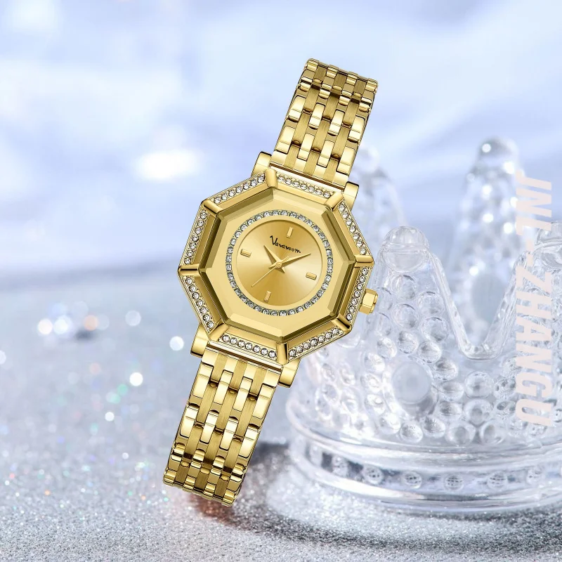2025 New Women Gorgeous Quartz Watch Original Geometric Rhinestone Stainless Steel Waterproof Casual Banquet Dress Girls Watches