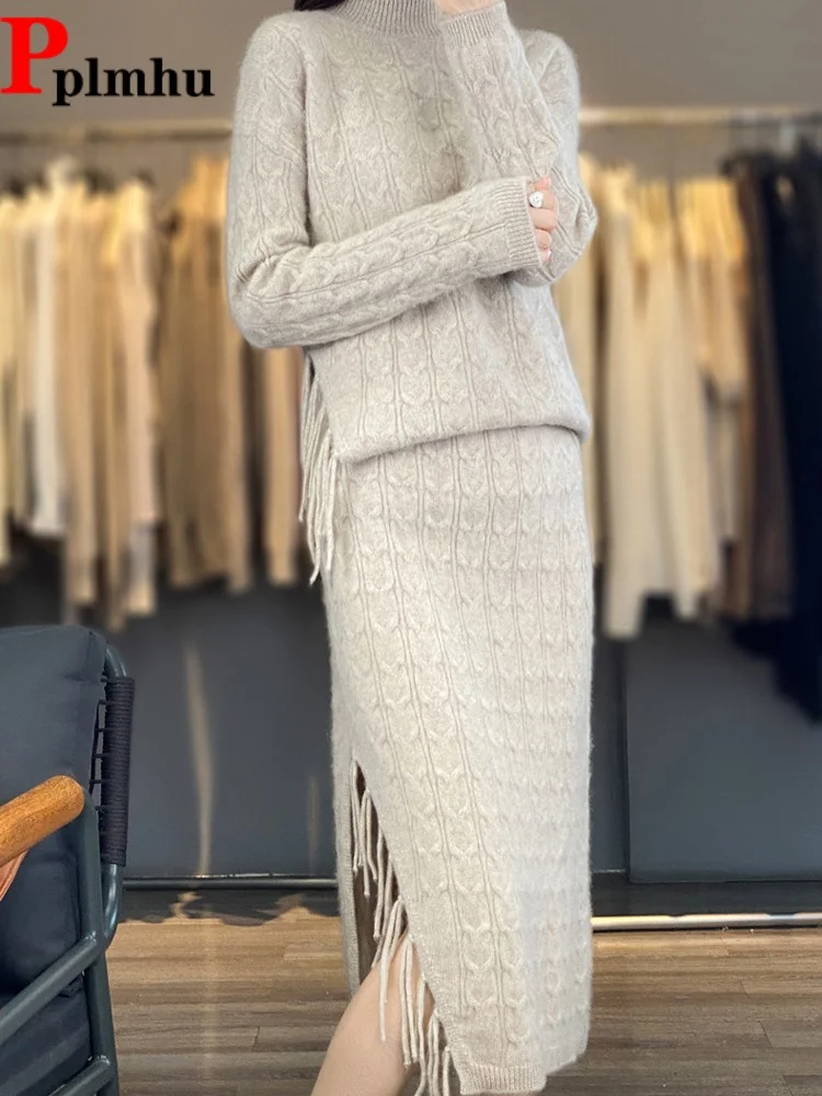 

Half High Collar Top Knitted Sweater 2 Piece Set Women's Casual Baggy Fashion Conjuntos High Waisted Tassel Skirt Ensembles