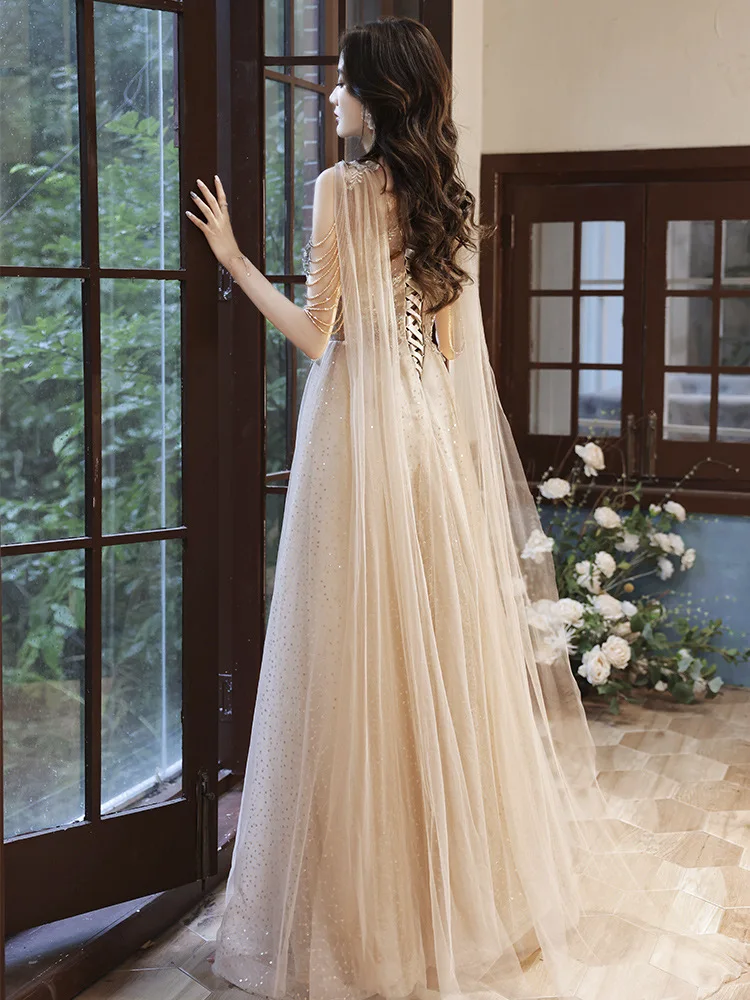 

New Sweet Champone Sequined Floor Length Lady Girl Women Princess Bridesmaid Banquet Party Dall Prom Dress Gown Free Ship