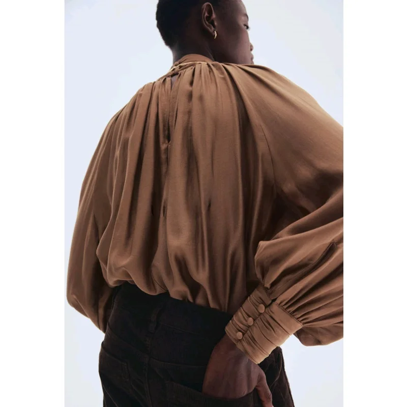 Dames Franse Sle Loose Fit irt Long Sve Lantern Sve Opstaande Kraag Insert oulder Herfst Nieuw Ontwerp Ademend Pol...