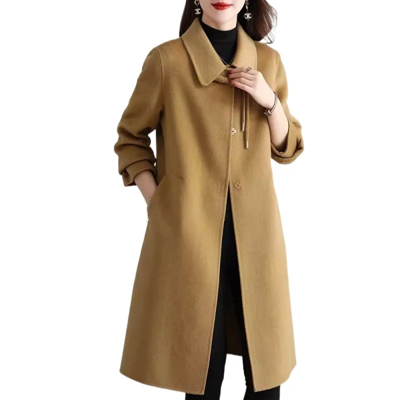 The new women's double-sided woolen cashmere coat is purely hand-sewn medium and long trench coat wool foreign high-end coat