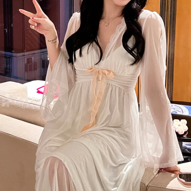 Female Long Nightgown Retro Palace Style Nightdress Sleepwear Spring Summer New Mesh Retro Palace Style Nightwear Home Dress