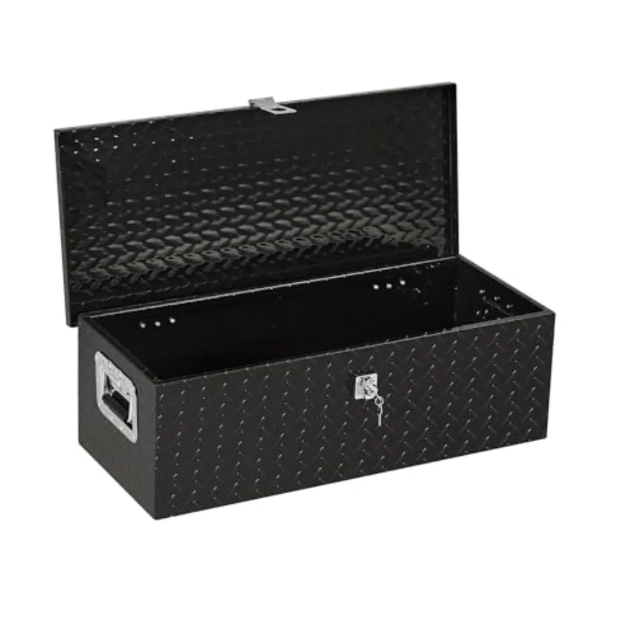 Truck bed toolbox for pickup trucks and RV trailers: aluminum, black, heavy-duty waterproof design with side handles, free asse