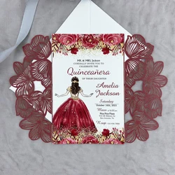 50 pieces Laser Cut Floral XV Quinceanera Invitations, Customize Print Pearl Burgundy Wedding Invitation Card With Ribbon IC057