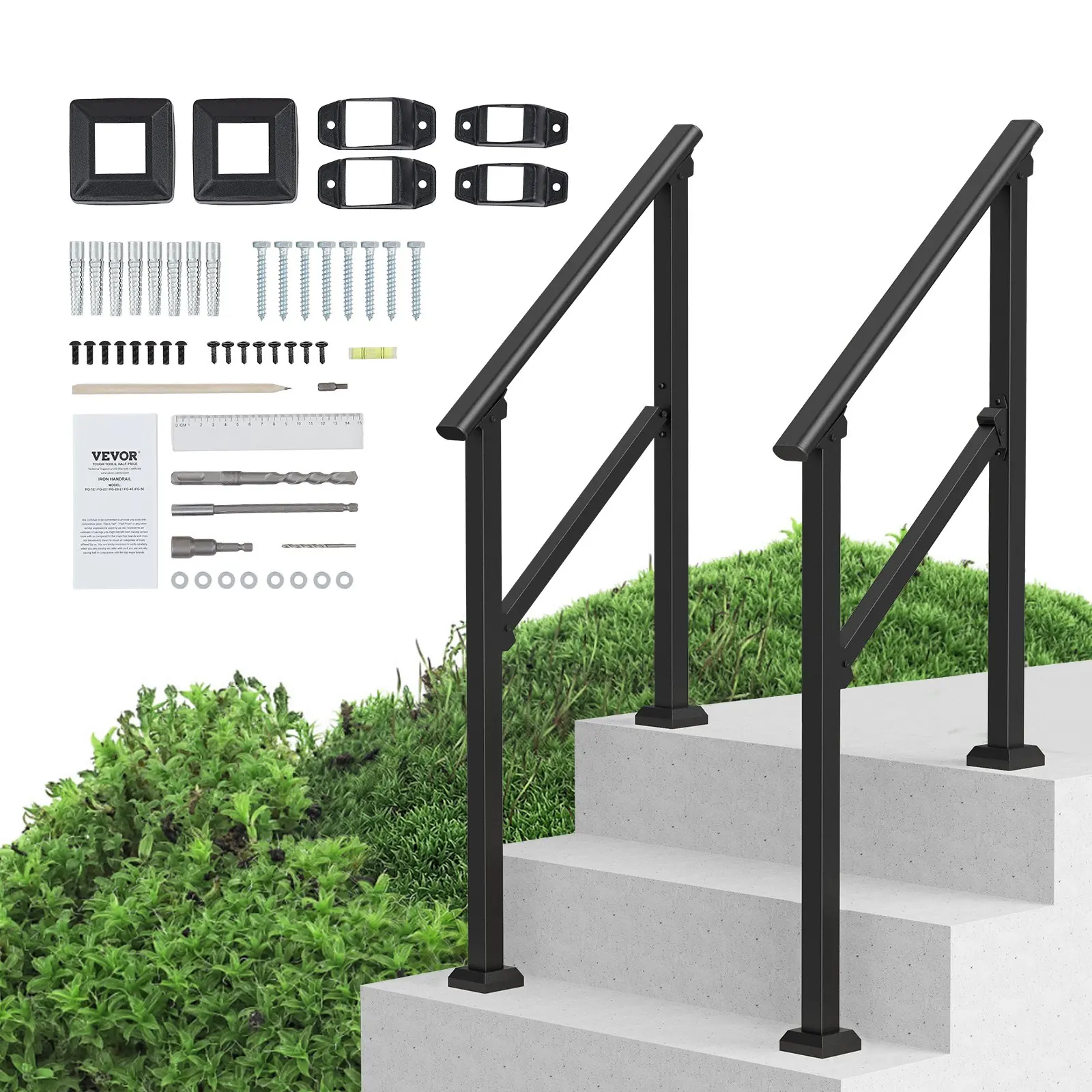 

Handrails For Outdoor Steps, 2 PCS 2-3 Step Stair Hand Rail Kit, Transitional Carbon Steel Railings With Installation Kit,