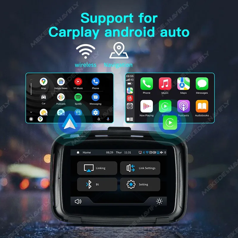 NaviFly 5 inch Portable Motorcycle LCD Display IPX7 Waterproof Monitor For Wireless Apple Carplay Android Auto Moto Car Play