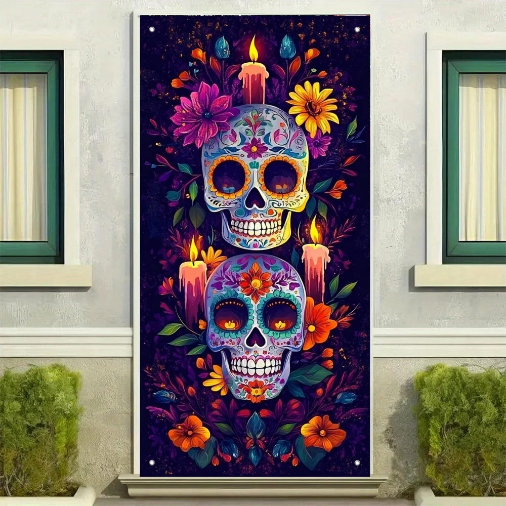 2D-Türbanner, lebendiges Türbanner „Day of the Dead Sugar Skull“ – Bunte mexikanische Partydekorationen mit Kerzen und Blumen