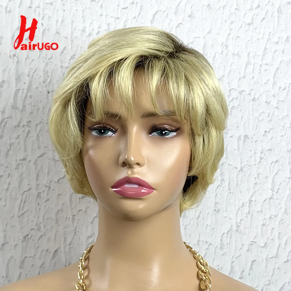 T4/613 Pixie Cut Wigs Glueless Wigs Dark Root Blonde Short Machine Made Wigs With Bangs Remy Curly Pixie Cut Human Hair Wigs