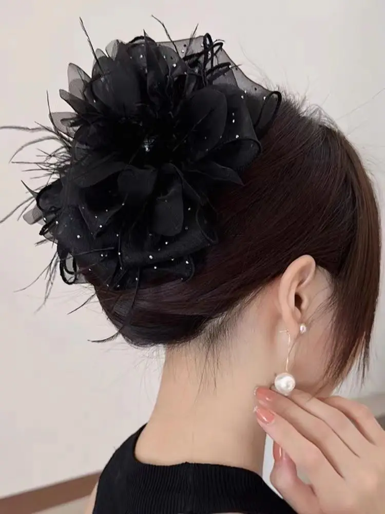 

Black Hair Accessories for Women Mesh Feather Ribbon Bow Hair Claws Hairpin Big Bowknot Ponytail Holder Shark Hair Claw