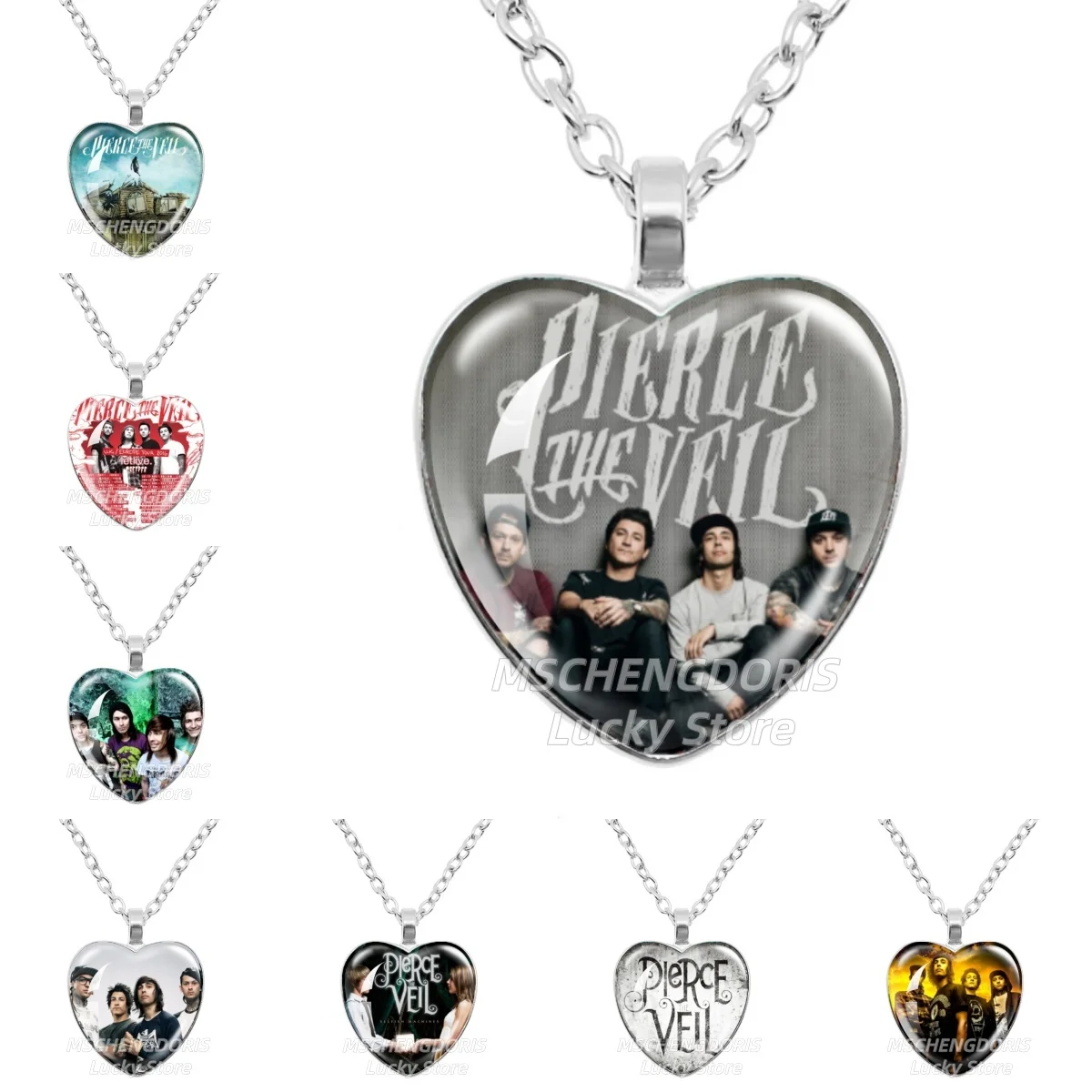 Colar com pingente em formato de coração com capa de álbum da banda de música Pierce The Veil Collide with The Sky, joia charmosa para fãs.