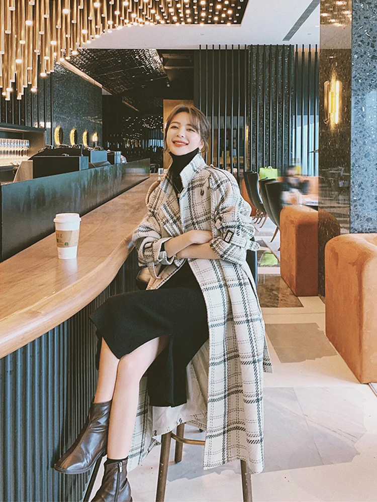 Nerazzurri Autumn Winter Loose Stylish Chic Colorful Thick Warm Plaid Woolen Coat Women Raglan Sleeve Sashes Korean Fashion 2023