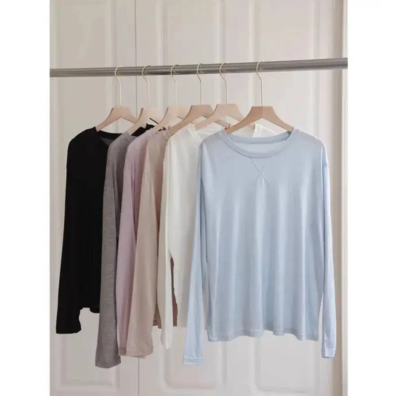 

Lightweight Soft Transparent Long Sleeve T-shirt Women Spring Summer Lyocell Thin Basic Tops