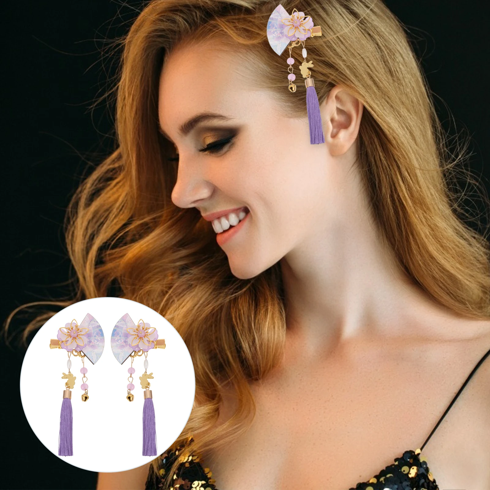 

2pcs Flower Hairpin Clip Women Japanese style Tassel Zinc Alloy Girls Wedding Hair Accessory Fan Shape Party Carnival Birthday