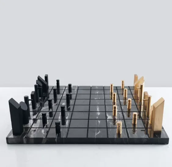 Marble Geometric Chessboard with Gold Metal Frame Check Design Square, King Game Board for Home Decor and Luxury Table Display