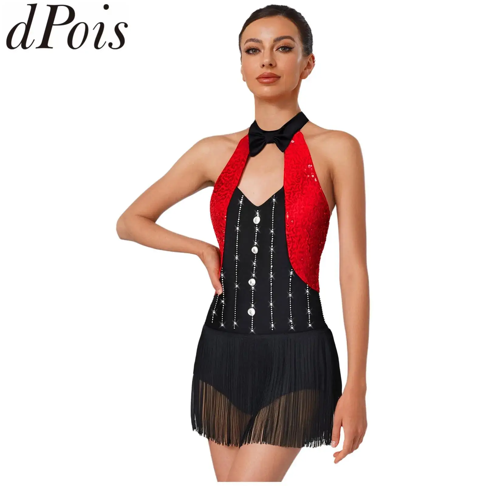 Women Jazz Latin Dance Leotard Tango Cha-cha Salsa Ballroom Performance Costumes Shiny Sequins Tassel Fringe Dancewear Jumpsuits