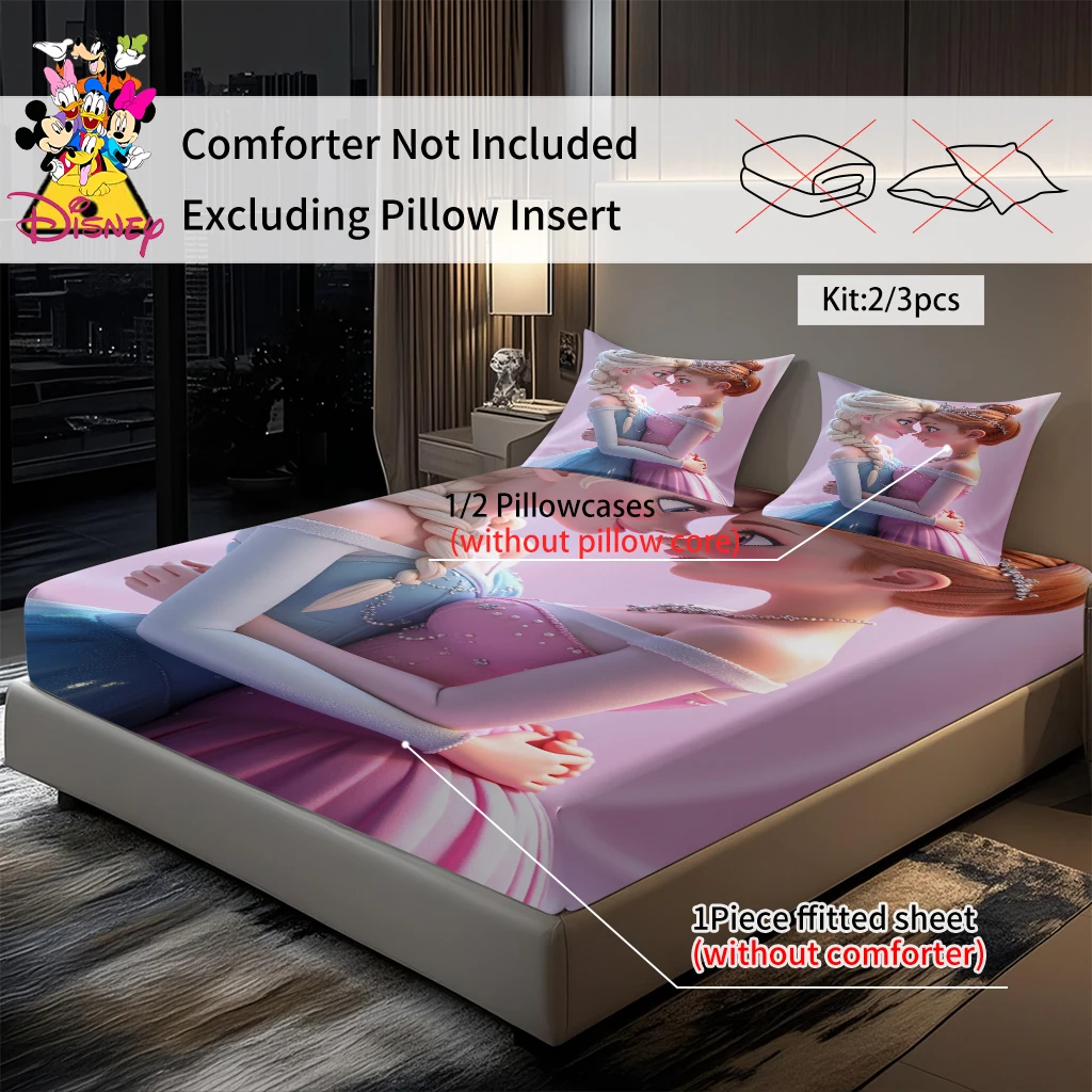Ensemble de draps-housses princesse Disney la reine des neiges, Elsa et Anna, décoration douce et confortable pour la maison, pour chambres à coucher/chambre d'amis, ronde toute l'année, 2/3 pièces