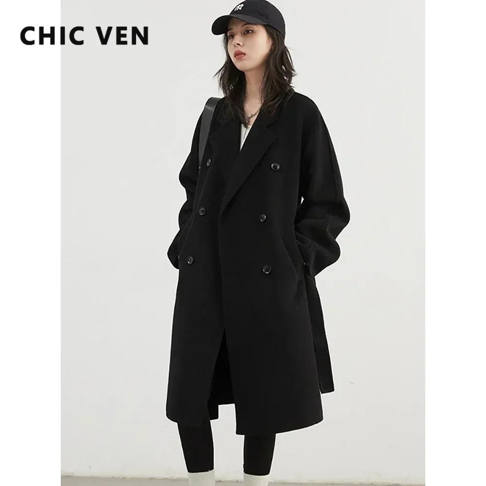 

CHIC VEN новые женские шерстяные пальто средней длины, однотонные свободные женские пальто, двубортные женские двусторонние топы, осень-зима 2025