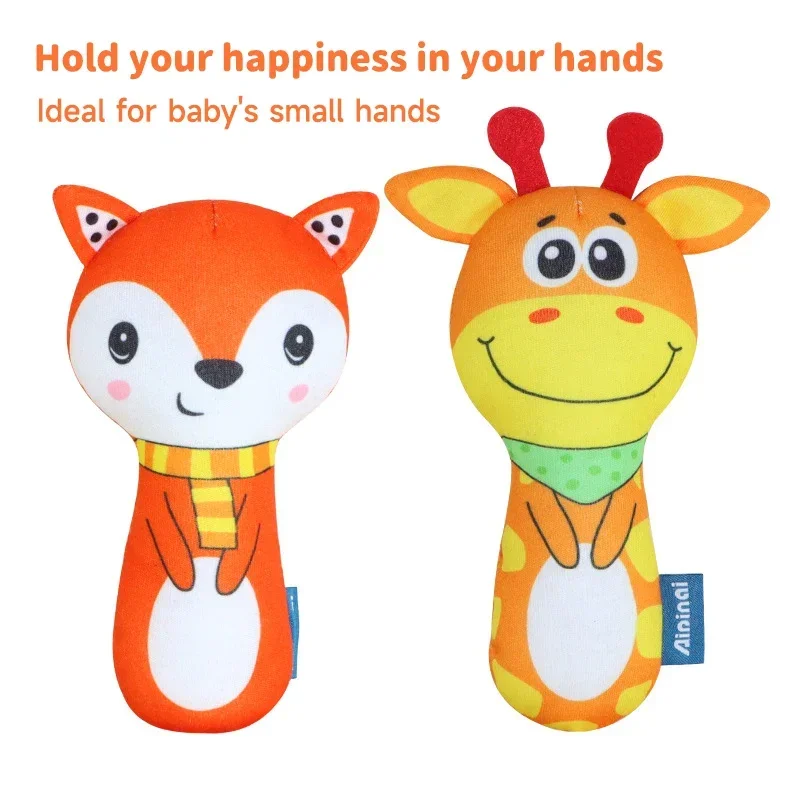 Baby Cartoon Animal Handheld Rattle Toys Squeaky Sound Placation Soothing Plush Grip Toys Newborns Soft Stuffed Animal Toys Gift