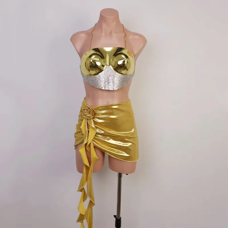

Singer Sexy Stage Costume Gold Silver Tank Top Mini Skirt Dance Outfit Birthday Club Party Performance