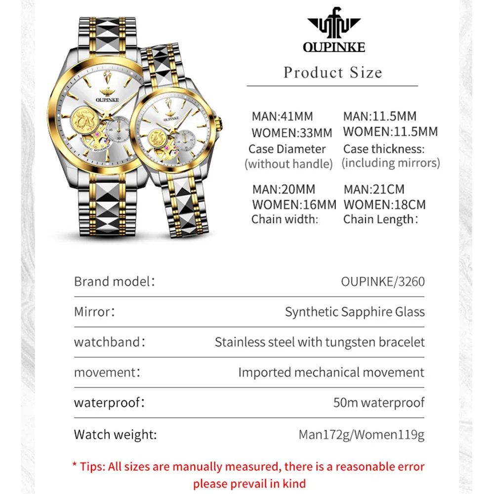 OUPINKE 3260 Real Diamond Mechanical Couple Watch For Men Women Luxury Original Dress Hand Clock Hollow Deep Waterproof Watches