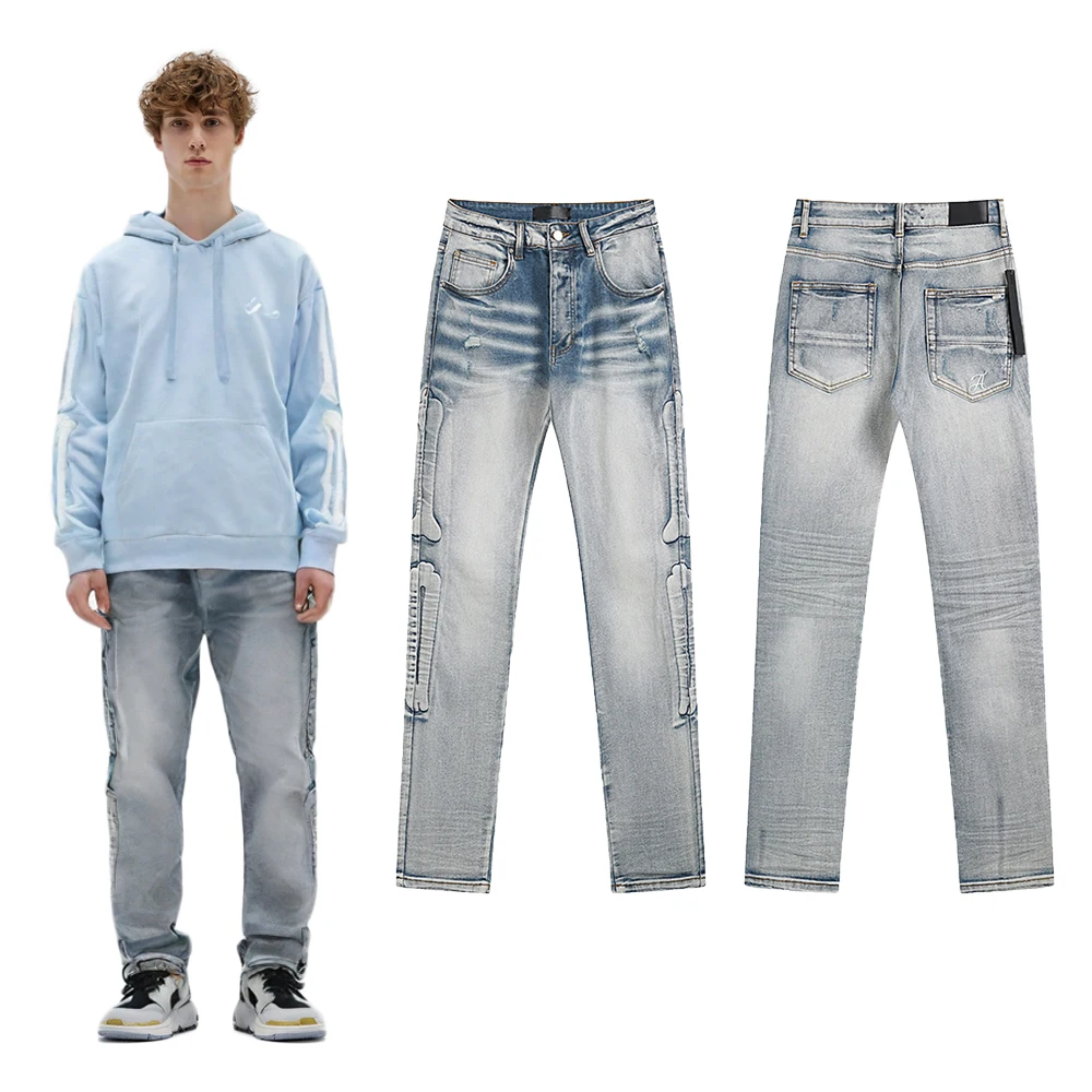 

Streetwear Clothing Denim Slim Fit Jeans with Bone Embossing Hip Hop Street Style Cotton Casual Retro Straight Trousers for Men