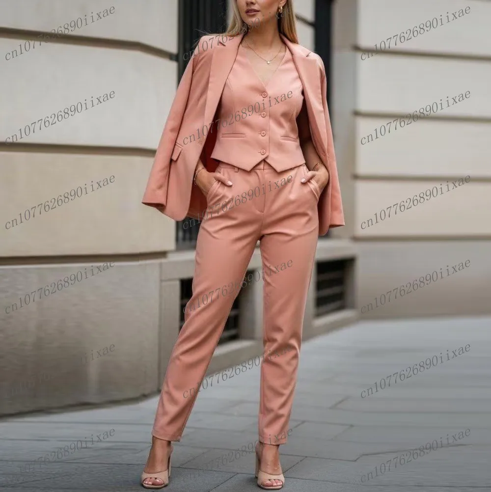 

New Formal Occasion Pink Women Suit Wedding Party Business Office Lady Tuxedos 3 Piece Set Blazer Vest Pants Customized
