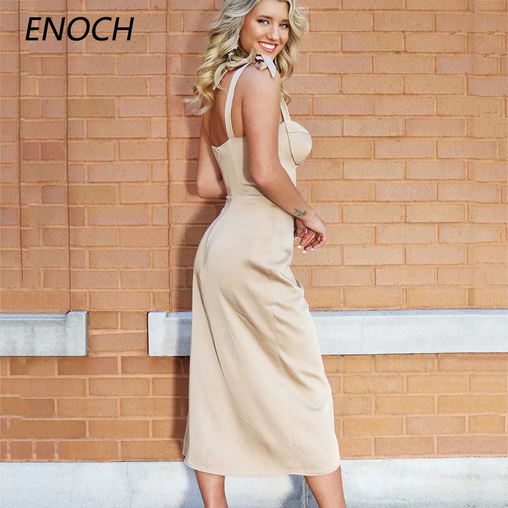 ENOCH-vestido De fiesta De sirena con abertura lateral, traje Sexy De satén con cremallera, sin mangas, botón Simple, largo hasta el té