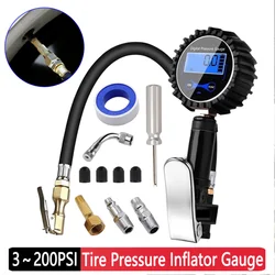 Digital Tire Pressure Inflator Gauge 3-200PSI 14BAR Car Tire Inflator Gun Air Line Clip-on Tyre Pump for Motorcycle Bicycle Auto