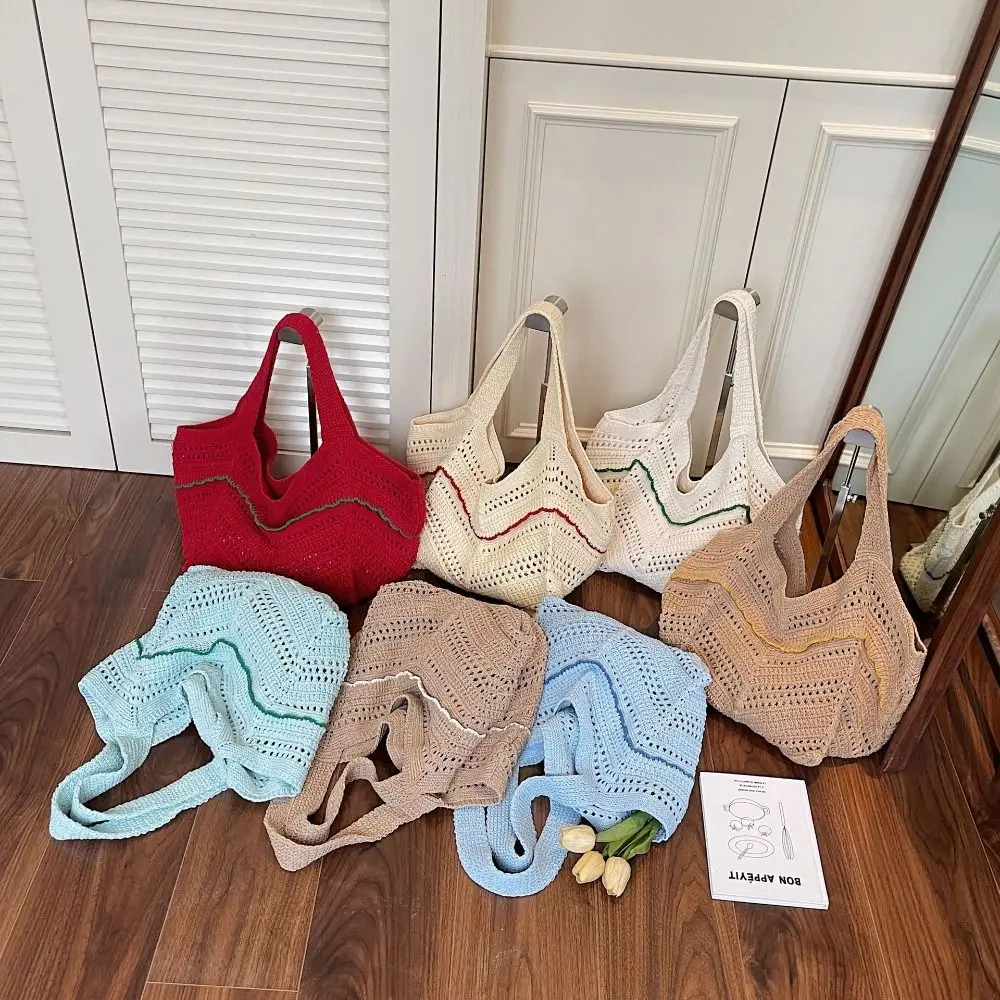 

Fashion Handmade Crochet Bag Leisure Boho Knitted Tote Bag Hollow Large Capacity Weave Shoulder Bag Summer