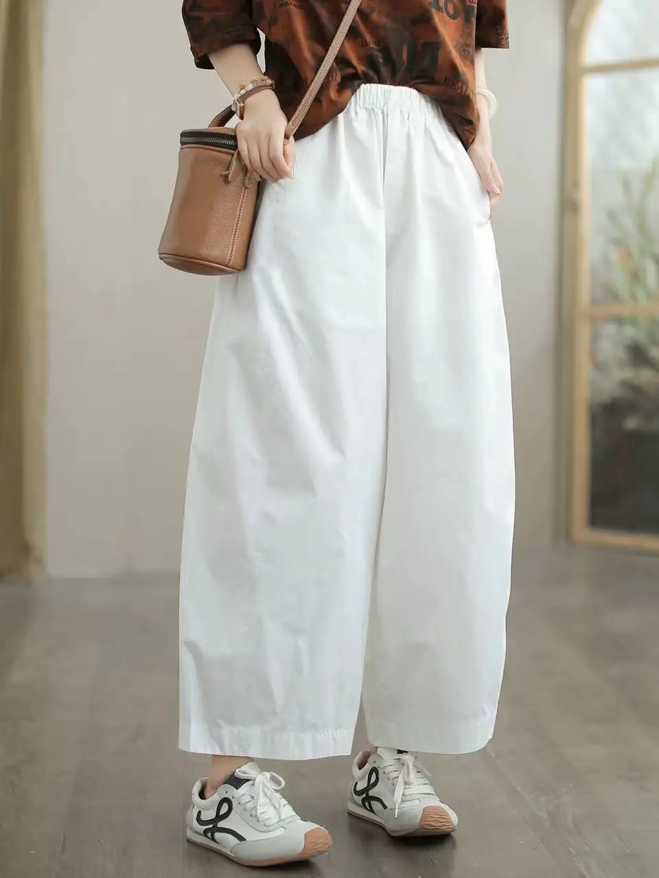 

Casual Cotton Wide Leg Pants Nine Points Commuter Style Women's Summer Pure Cotton Scythe Pants High Waist Elastic Waistband