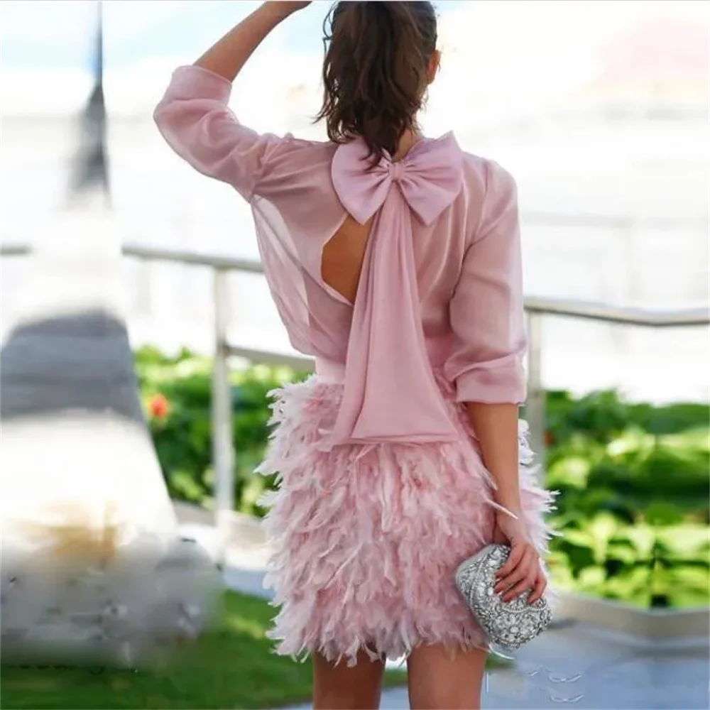 High Feather Sexy Skirt Chiffon Cocktail Dresses Long Sleeves Open Back With Bow Short Party Dresses Nice Cool Soft Prom Gown