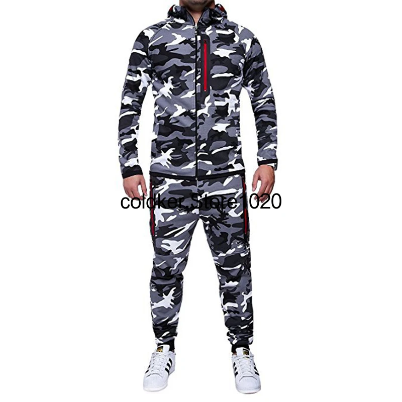 Chándal con capucha para hombre, ropa deportiva, cárdigan de camuflaje, sudadera muscular, chaqueta y pantalones, conjuntos de 2 piezas, Otoño e