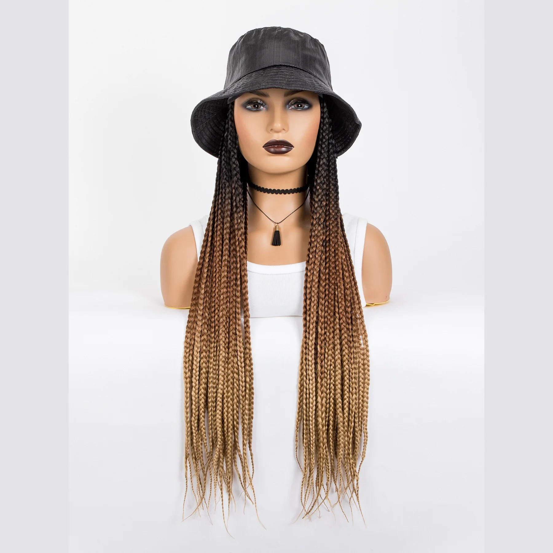 WIGERA Long 24“ Ombre Black Light Brown Box Braided Synthetic With Cap Braiding Braids With Hair Extensions With Bucket Hat Wigs