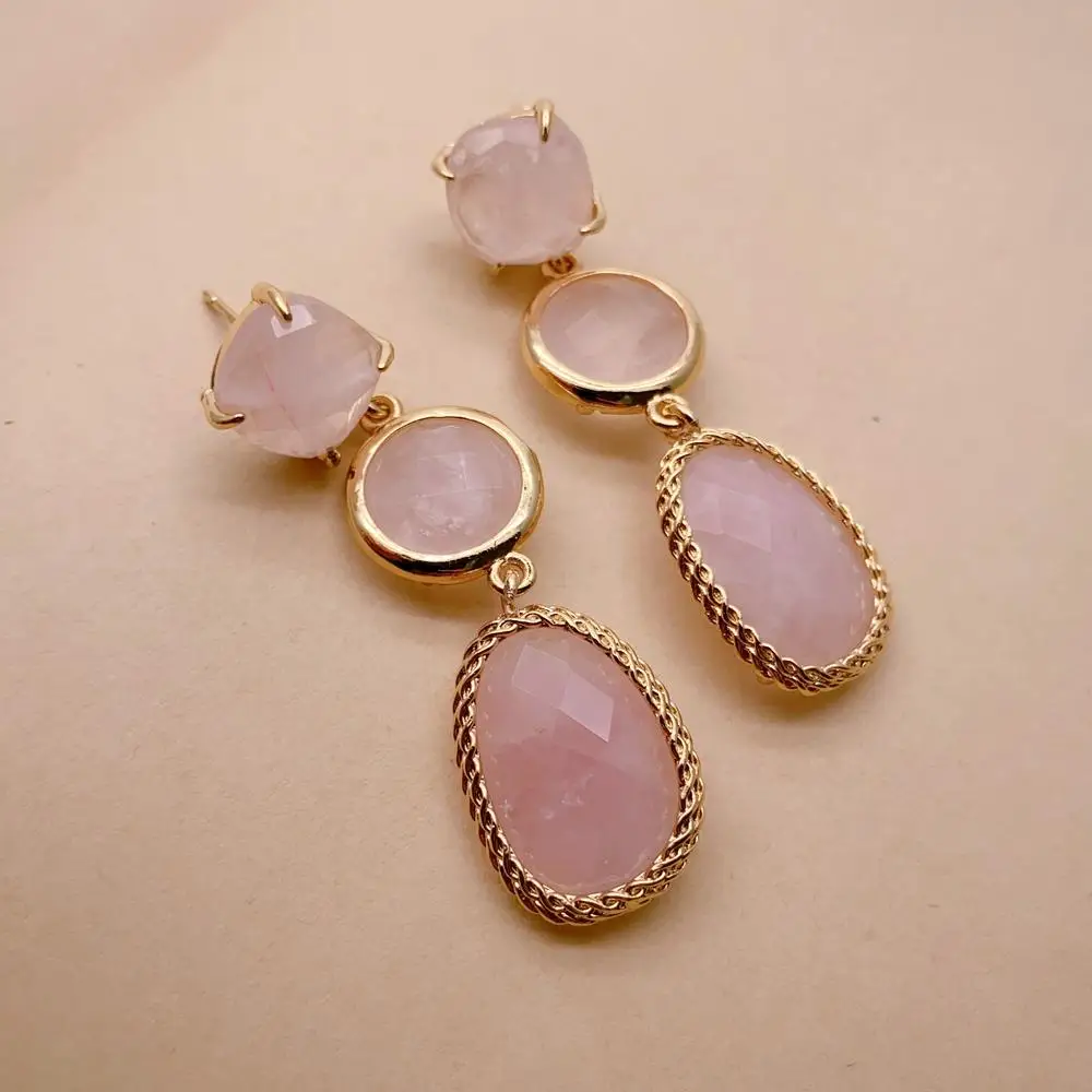 Y.YING Natural Pink Rose Quartz Drop Women Dangle Earrings Stud Earring Holiday Wedding