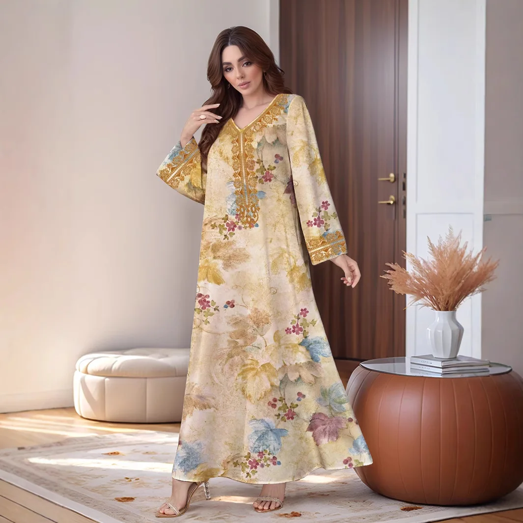 2026 Middle East Arab New Fashion Women's Casual Trendy Loose V-neck Long Sleeve Printed Abaya Female Jalabiya Muslim Clothes
