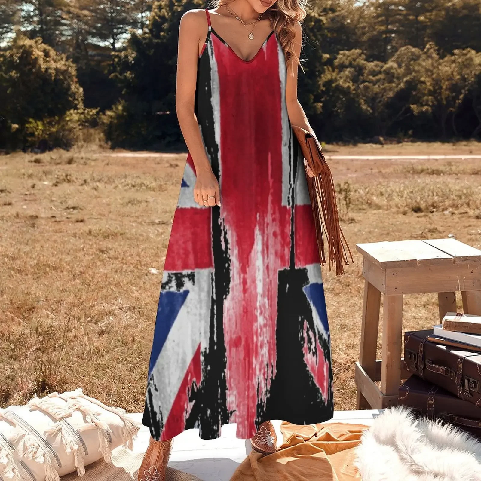 Union Jack ärmelloses Kleid Kleider Sommerkleider mit langen Ärmeln Ballkleid