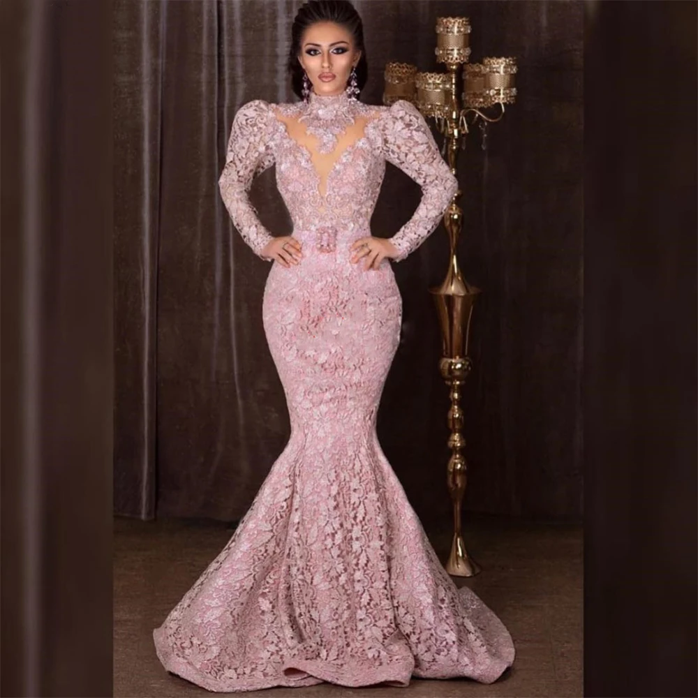 

Pink Full Lace Mermaid Evening Prom Dresses High Neck Puffy Full Sleeves Customize Formal Gown robes de soirée femme платье