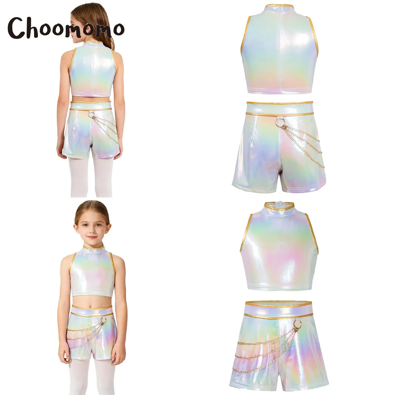 

Hunter Singer Role Play Outfit Halloween Cosplay Party Costume for Girls Metallic Gloss Sleeveless Tank Top Waist Chain Shorts