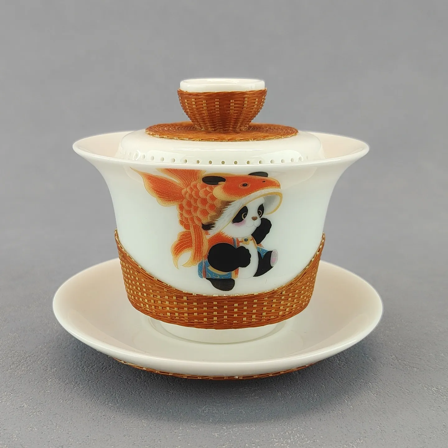 Chinese Panda Bamboo Woven Porcelain Gaiwan Set, Rotatable Suspension Lid Kung Fu Tea Cup with Gift Box