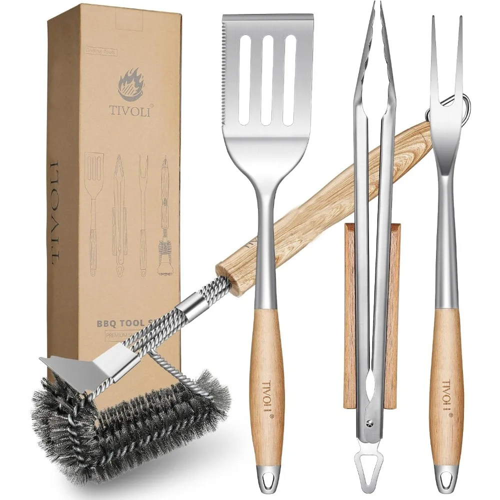 

4-Piece Heavy-Duty BBQ Tools Set with Spatula, Clips, Brushes, Forks, Wood Handles, Outdoor Grill Kit, Gift Ideas for Dad & Man