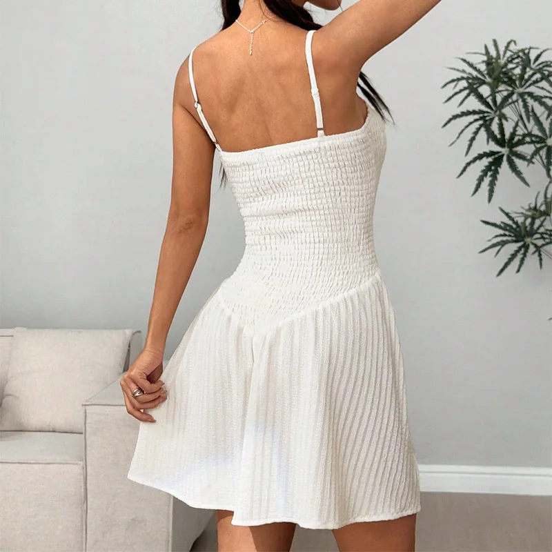 Benuynffy-vestido camisola Y2k con cuello cuadrado blanco para mujer, vestidos cortos informales de cintura alta sin mangas para vacaciones y verano