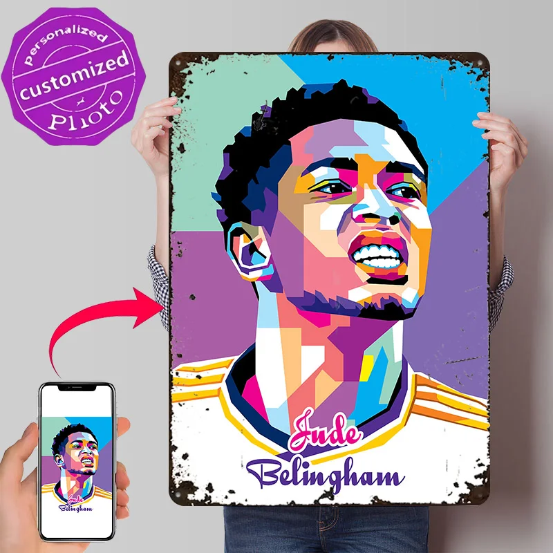 Jude Bellingham in WPAP Personalized 3D Textured Metal Poster Wall Art Vintage Tin Signs for Article Decoration Gaming House